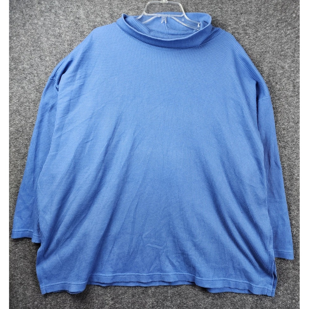 Jacque & KoKo Waffle Knit Top Womens 26/28 Blue Mock Neck Long Sleeve Casual